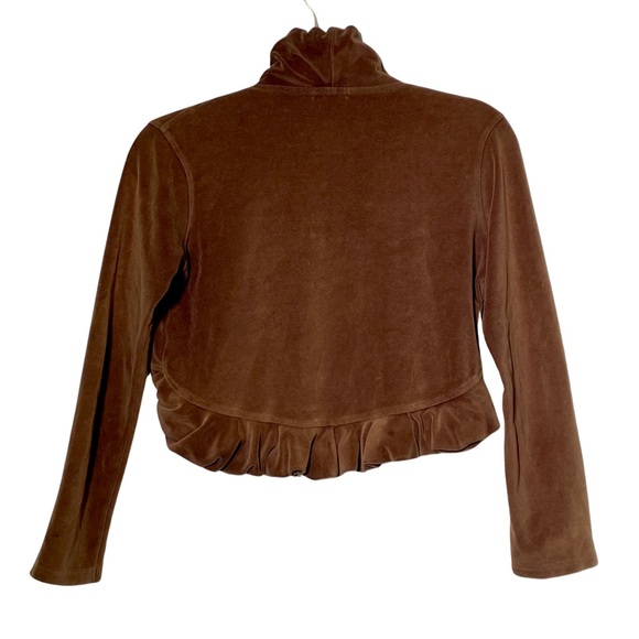 Pena House Long Sleeve Brown Velvet Ruffled Shrug Cropped Open Cardigan, Size M - Picture 2 of 8